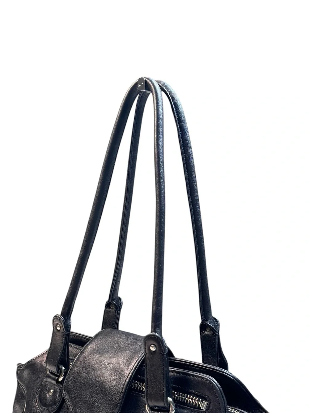 Vintage Y2K Cole Haan Alexa F04 Black Leather Satchel Shoulder Bag Silver Buckle